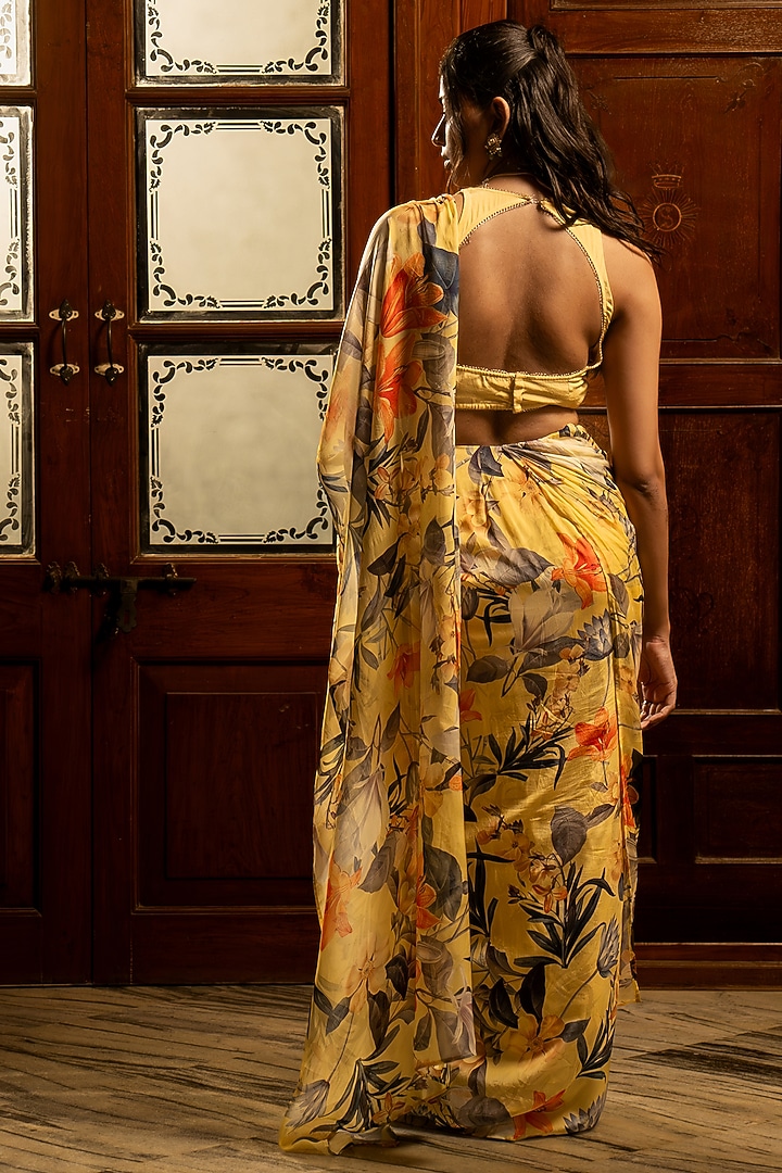 Misted Yellow Organza Silk Floral Printed Pre-Draped Party Wear Saree Set by Affroz at Pernia's Pop Up Shop