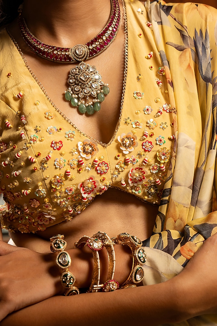 Misted Yellow Organza Silk Floral Printed Pre-Draped Party Wear Saree Set by Affroz at Pernia's Pop Up Shop