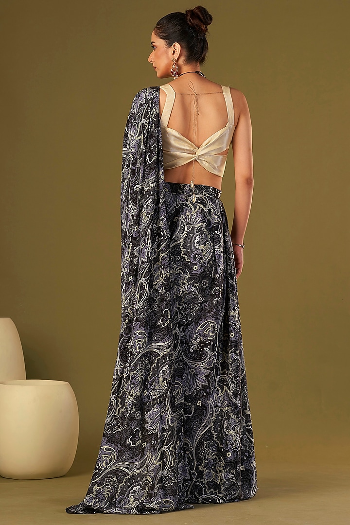 Black Viscose Crepe Paisley Printed Pre-Draped Festive Saree Set by Affroz at Pernia's Pop Up Shop