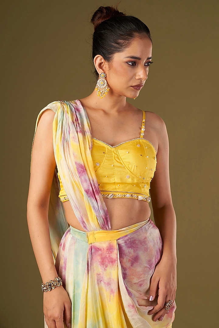 Multi-Colored Viscose Crepe Tie-Dye Draped Party Wear Saree Set by Affroz at Pernia's Pop Up Shop