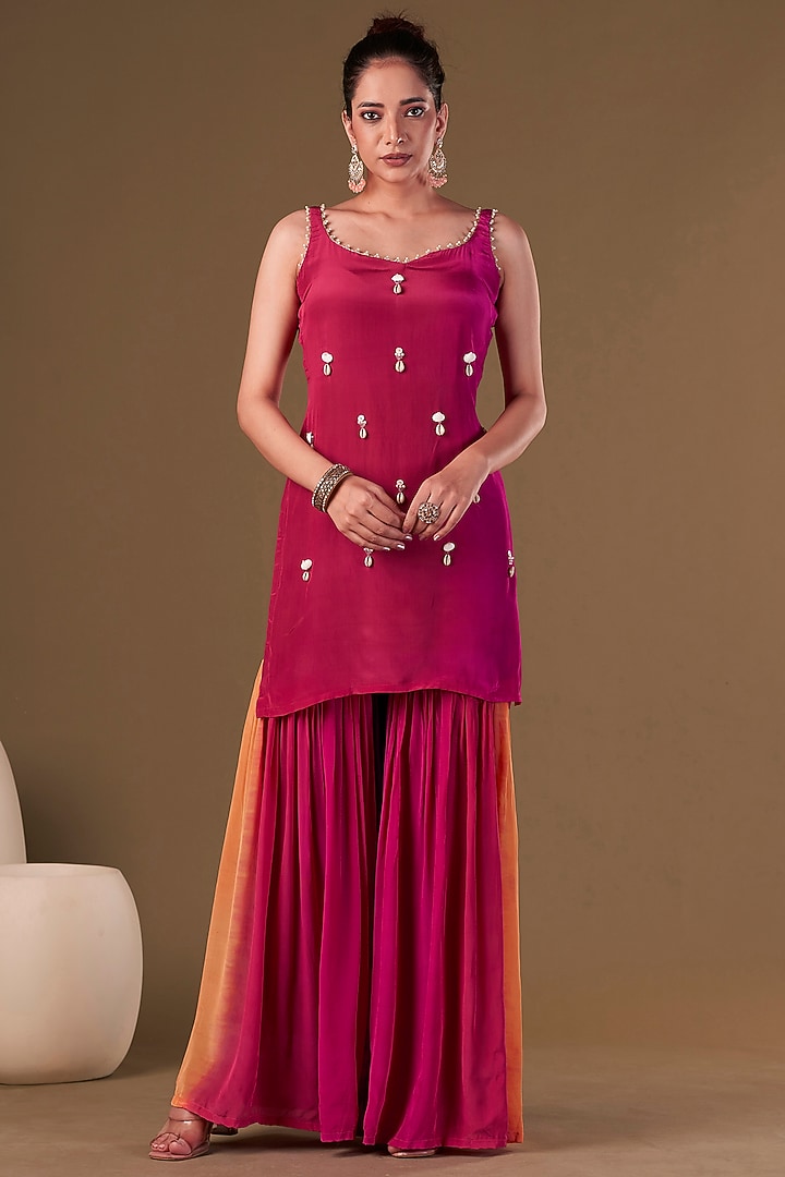 Crimson Viscose Crepe Ombre Party Wear Sharara Set by Affroz at Pernia's Pop Up Shop