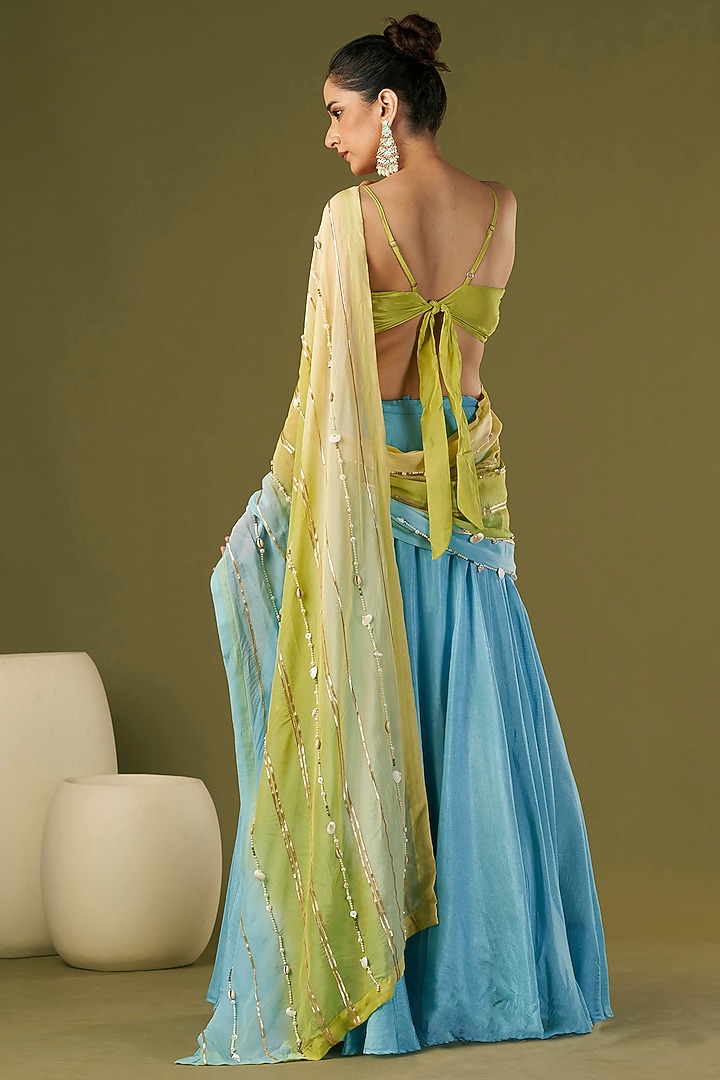 Sky Blue Russian Silk Ombre Hand Embroidered Party Wear Lehenga Saree Set by Affroz at Pernia's Pop Up Shop