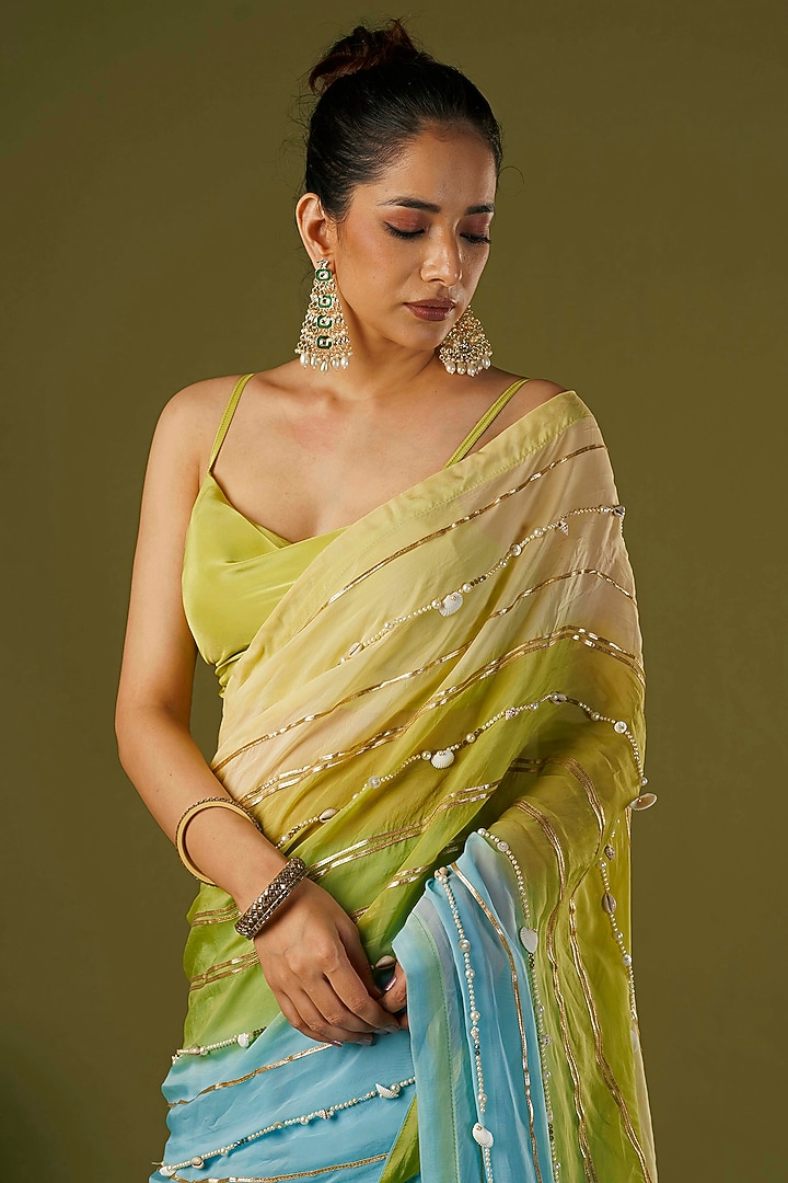 Sky Blue Russian Silk Ombre Hand Embroidered Party Wear Lehenga Saree Set by Affroz at Pernia's Pop Up Shop