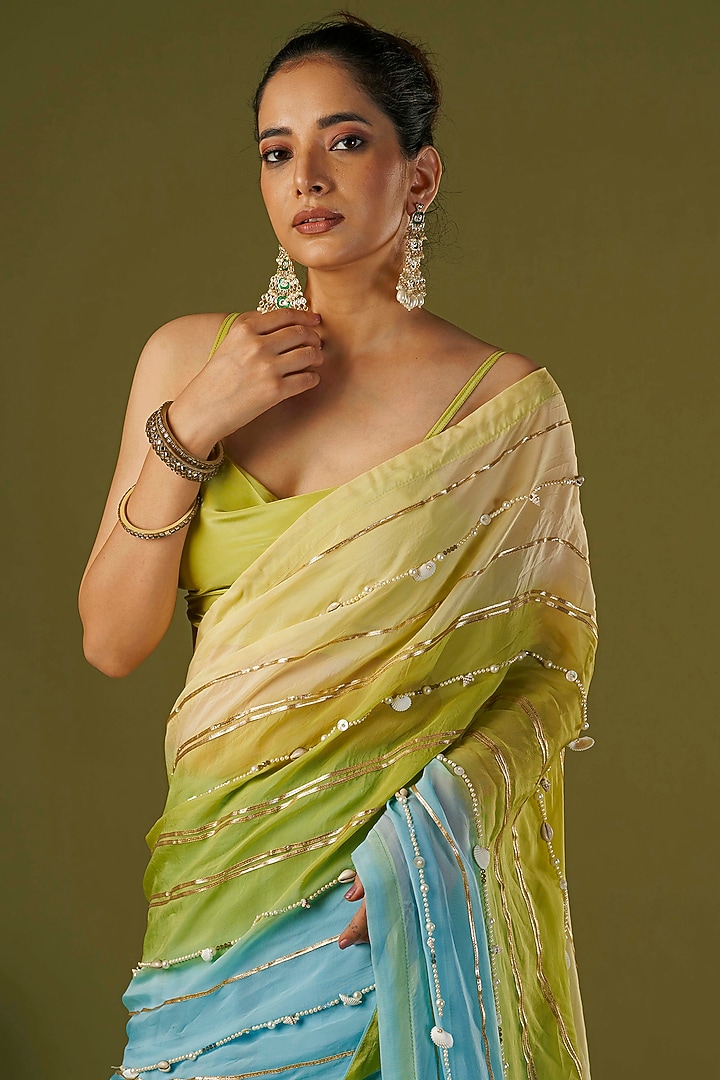 Sky Blue Russian Silk Ombre Hand Embroidered Party Wear Lehenga Saree Set by Affroz at Pernia's Pop Up Shop