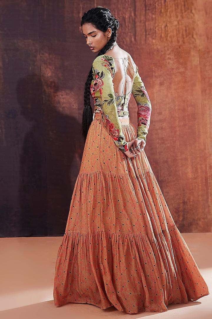 Green Natural Crepe Printed Wedding Lehenga Set by Affroz at Pernia's Pop Up Shop