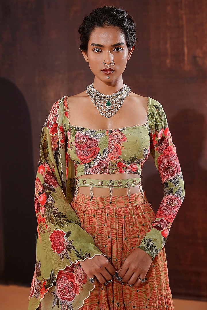 Green Natural Crepe Printed Wedding Lehenga Set by Affroz at Pernia's Pop Up Shop