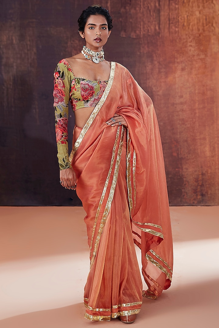 Coral Tissue Silk Saree Set by Affroz at Pernia's Pop Up Shop