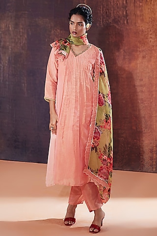 Pink Tissue Silk Hand Embroidered Pleated A-Line Kurta Set by Affroz