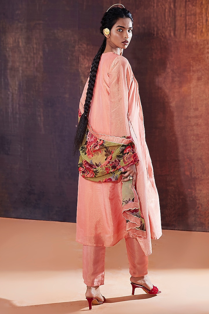 Pink Tissue Silk Hand Embroidered Pleated A-Line Kurta Set by Affroz at Pernia's Pop Up Shop