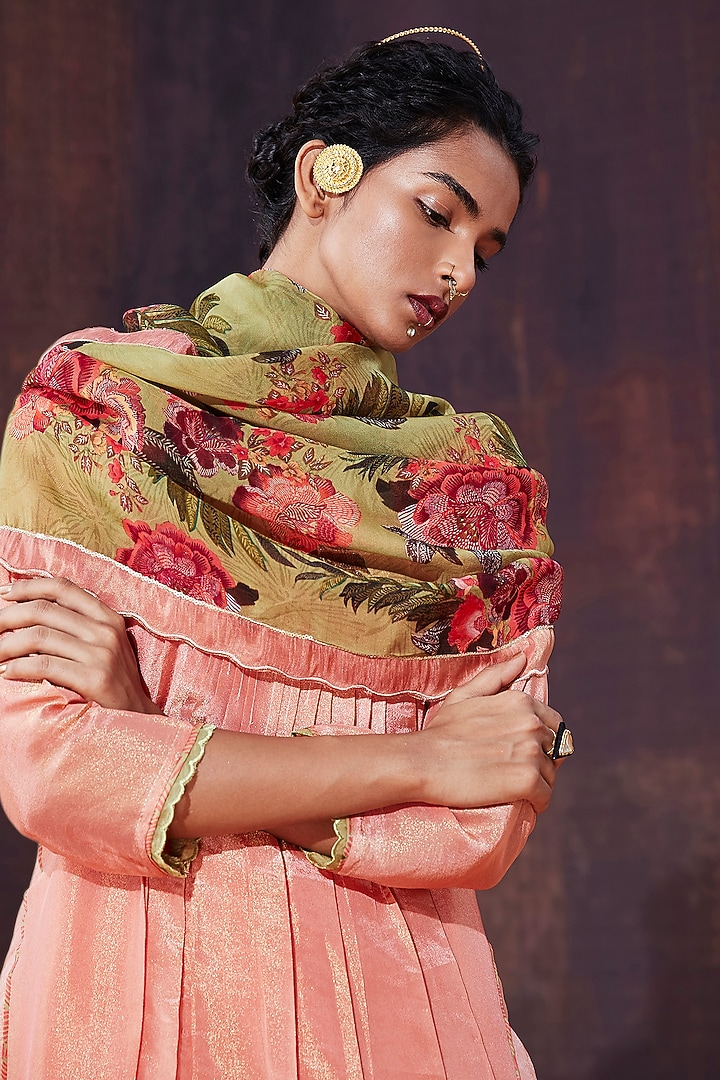 Pink Tissue Silk Hand Embroidered Pleated A-Line Kurta Set by Affroz at Pernia's Pop Up Shop
