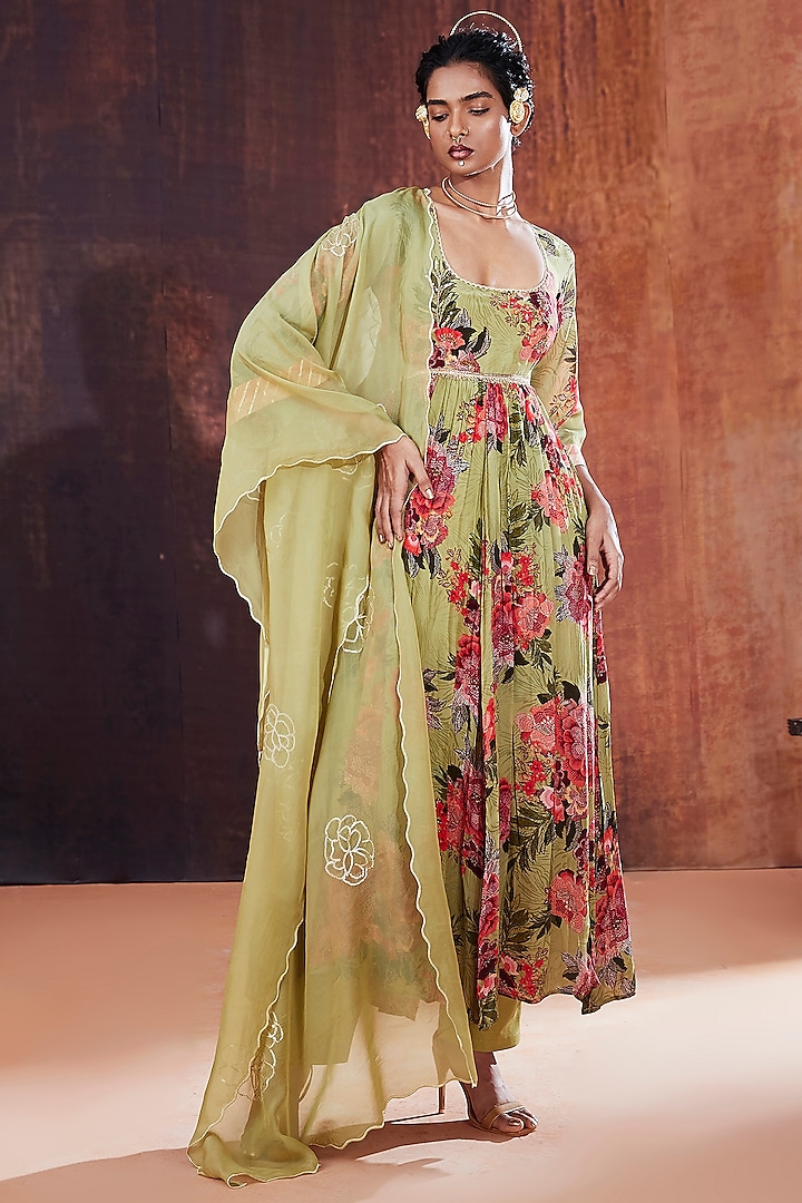 Moss Green Natural Crepe Printed & Embroidered Anarkali Set by Affroz at Pernia's Pop Up Shop