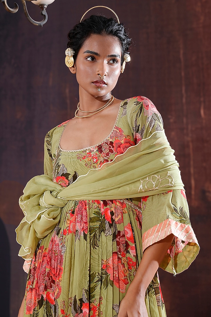 Moss Green Natural Crepe Printed & Embroidered Party Wear Anarkali Set by Affroz at Pernia's Pop Up Shop