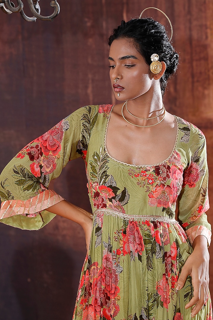 Moss Green Natural Crepe Printed & Embroidered Party Wear Anarkali Set by Affroz at Pernia's Pop Up Shop