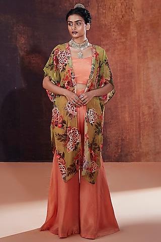 Coral Tissue Silk Sharara Set by Affroz