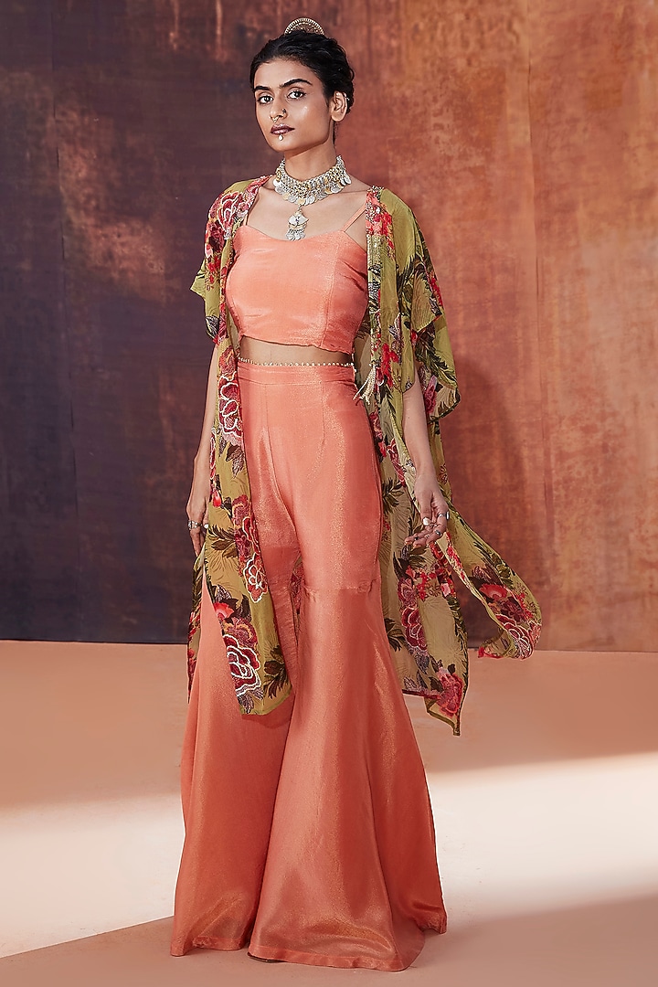 Coral Tissue Silk Party Wear Sharara Set by Affroz at Pernia's Pop Up Shop