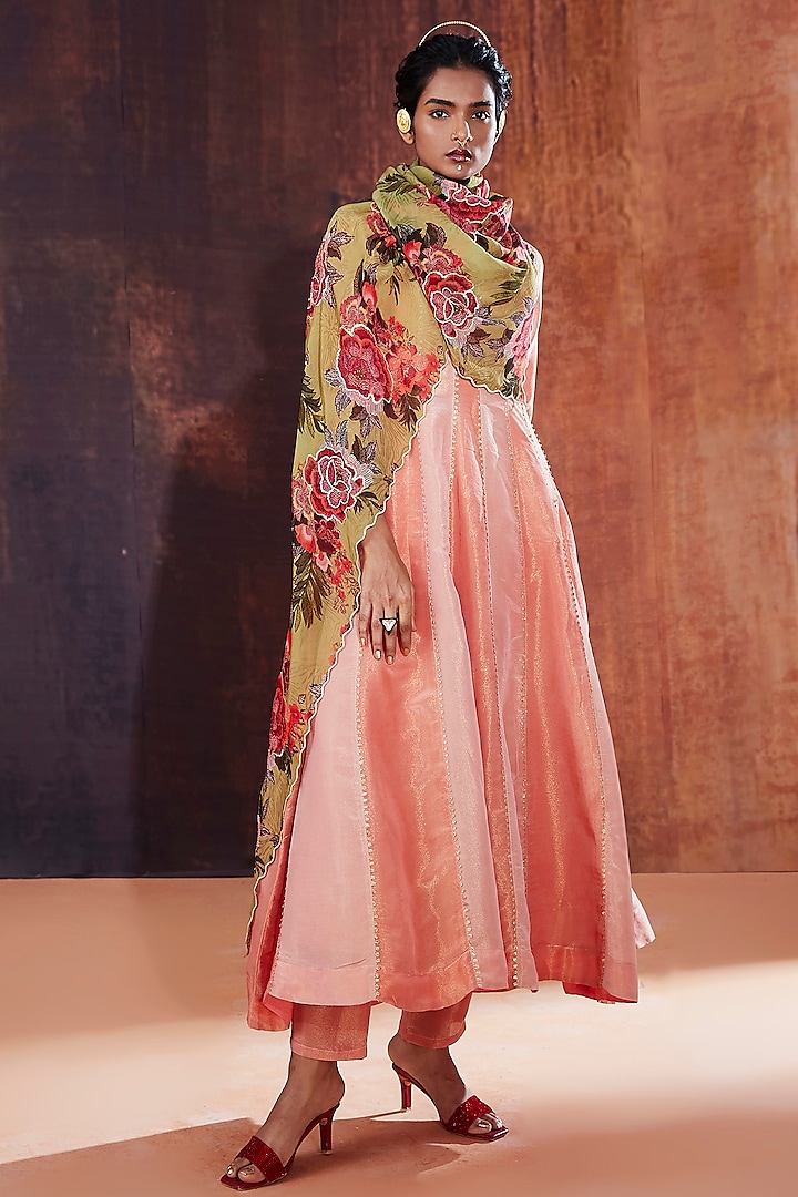 Pink & Coral Tissue Silk Printed & Embroidered Anarkali Set by Affroz