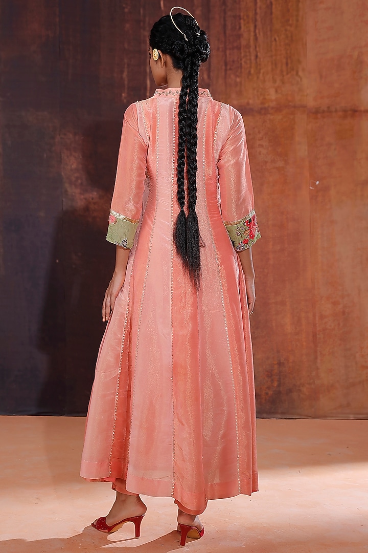 Pink & Coral Tissue Silk Printed & Embroidered Party Wear Anarkali Set by Affroz at Pernia's Pop Up Shop