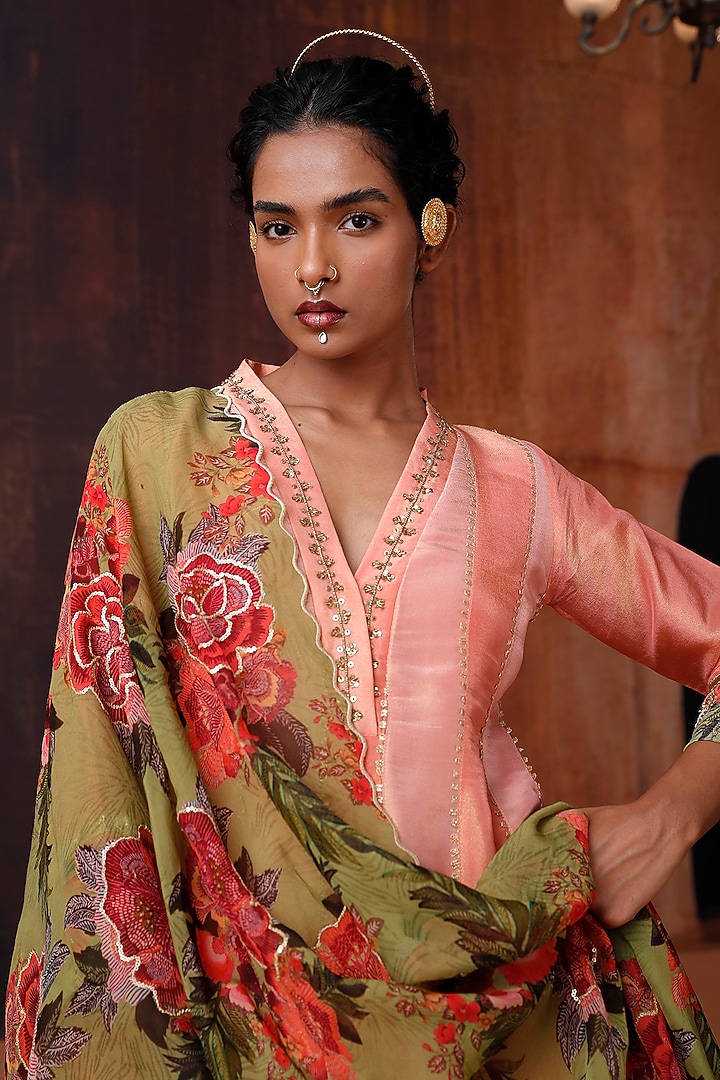 Pink & Coral Tissue Silk Printed & Embroidered Party Wear Anarkali Set by Affroz at Pernia's Pop Up Shop