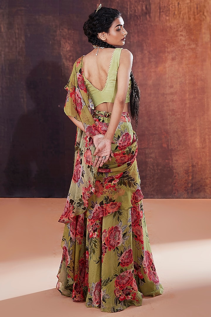 Green Natural Crepe Floral Printed Ruffled Party Wear Saree Set by Affroz at Pernia's Pop Up Shop