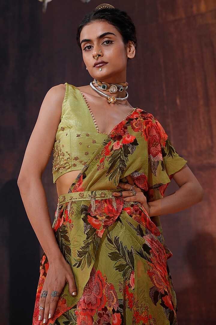Green Natural Crepe Floral Printed Ruffled Party Wear Saree Set by Affroz at Pernia's Pop Up Shop