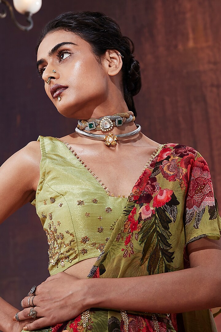 Green Natural Crepe Floral Printed Ruffled Party Wear Saree Set by Affroz at Pernia's Pop Up Shop