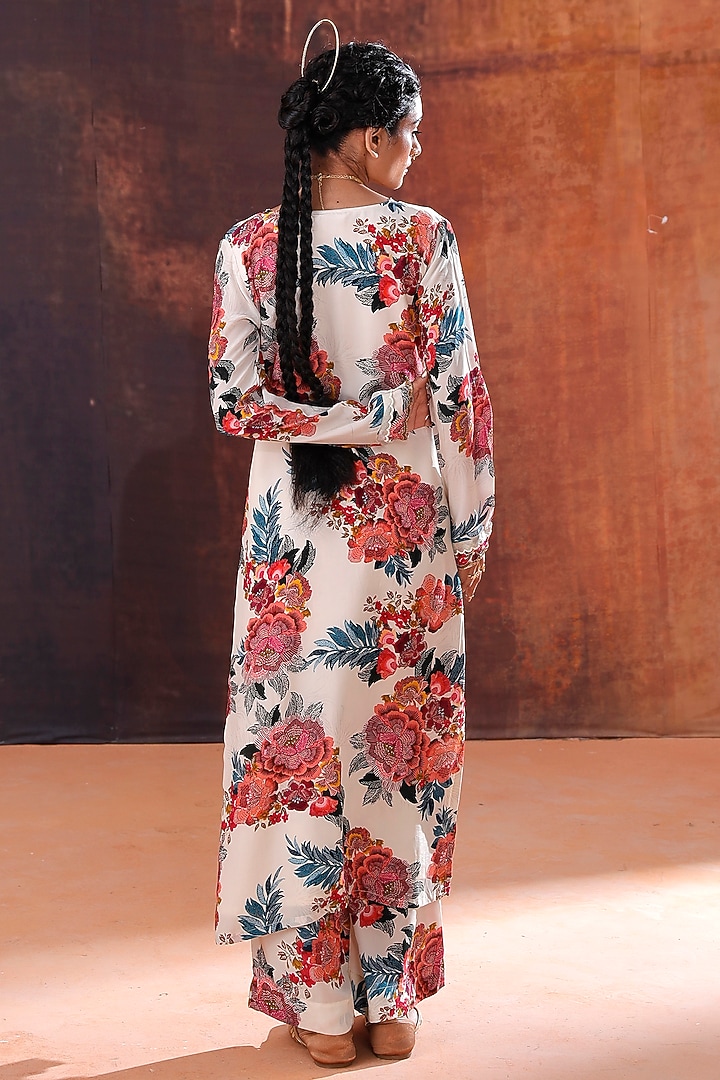 Ivory Natural Crepe Floral Printed & Hand Embroidered Party Wear Anarkali Set by Affroz at Pernia's Pop Up Shop
