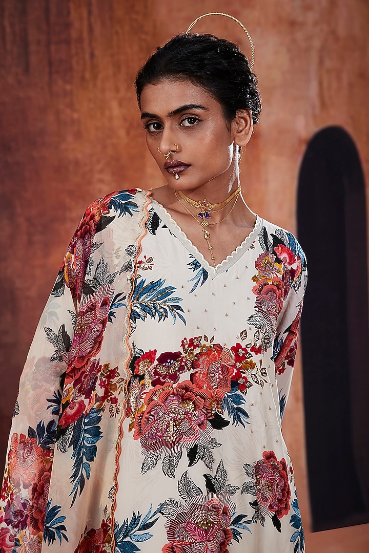 Ivory Natural Crepe Floral Printed & Hand Embroidered Party Wear Anarkali Set by Affroz at Pernia's Pop Up Shop