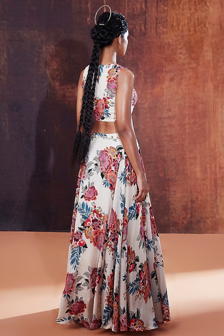 Ivory Natural Crepe Printed & Embroidered Lehenga Set by Affroz at Pernia's Pop Up Shop