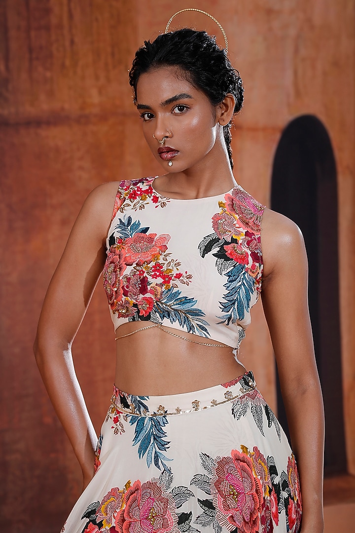 Ivory Natural Crepe Printed & Embroidered Lehenga Set by Affroz at Pernia's Pop Up Shop
