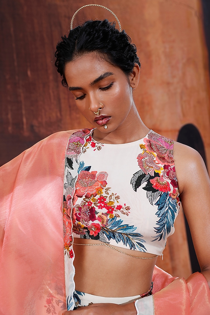 Ivory Natural Crepe Printed & Embroidered Lehenga Set by Affroz at Pernia's Pop Up Shop