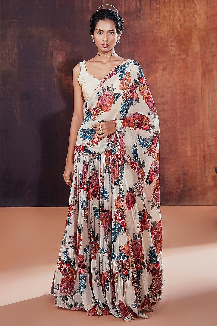 Ivory Natural Crepe Floral Printed & Embroidered Lehenga Saree Set by Affroz at Pernia's Pop Up Shop