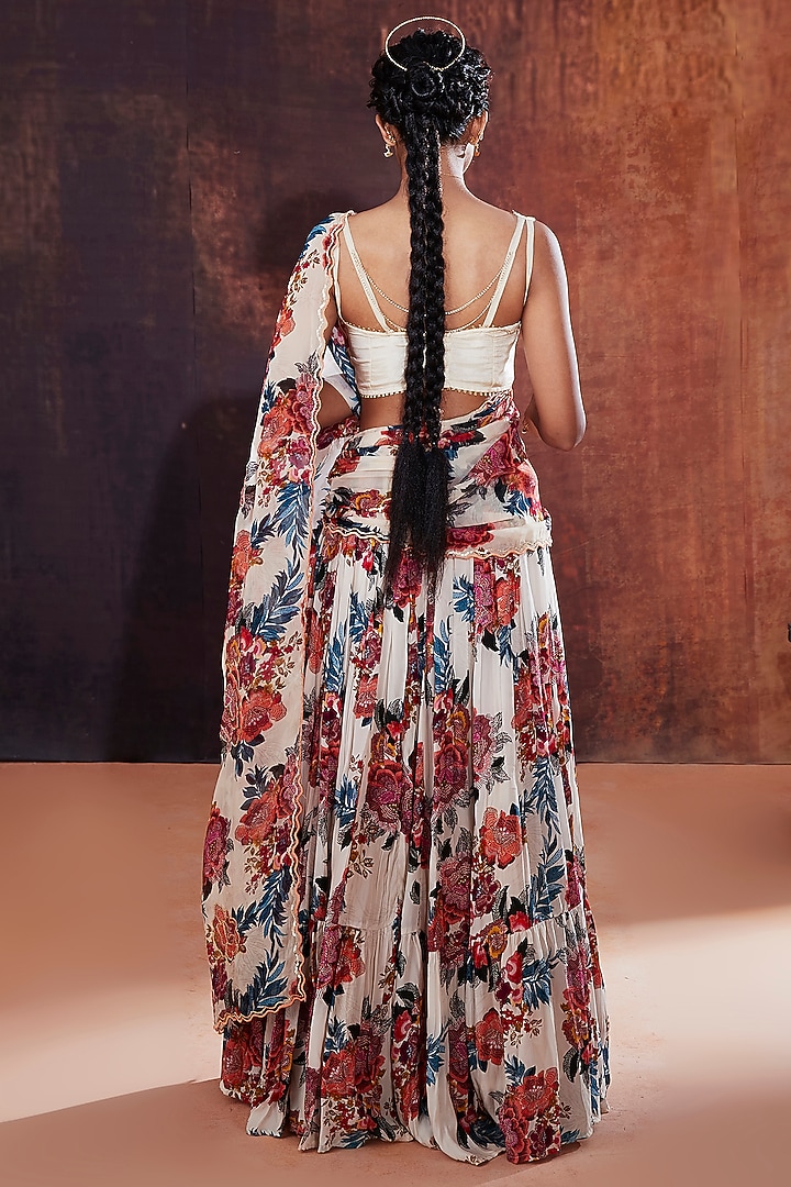 Ivory Natural Crepe Floral Printed & Embroidered Party Wear Lehenga Saree Set by Affroz at Pernia's Pop Up Shop