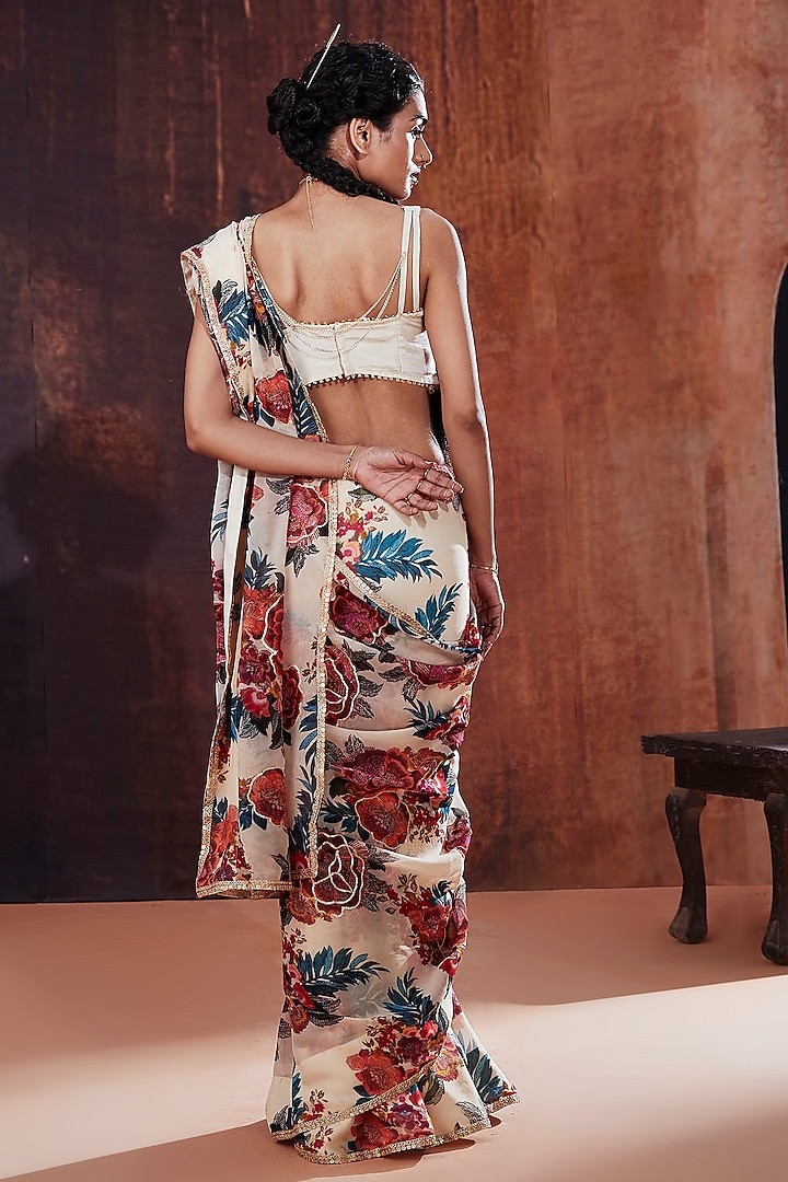Ivory Organza Silk Floral Printed & Embroidered Party Wear Saree Set by Affroz at Pernia's Pop Up Shop