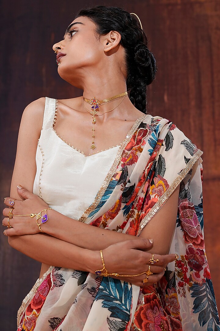 Ivory Organza Silk Floral Printed & Embroidered Party Wear Saree Set by Affroz at Pernia's Pop Up Shop
