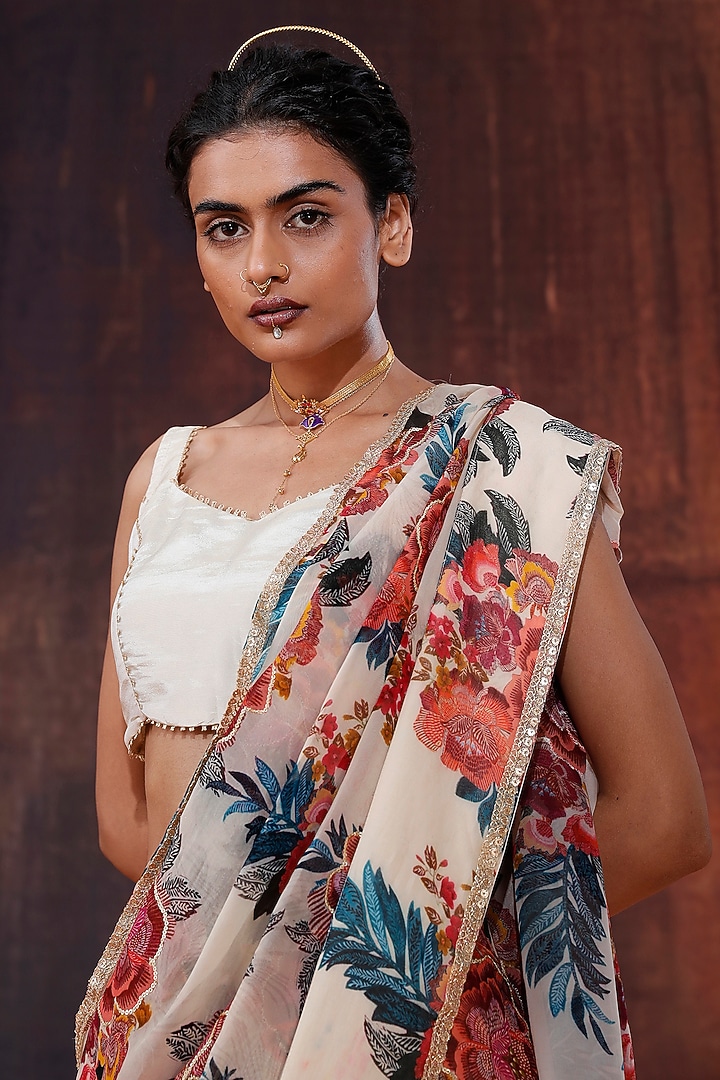 Ivory Organza Silk Floral Printed & Embroidered Party Wear Saree Set by Affroz at Pernia's Pop Up Shop