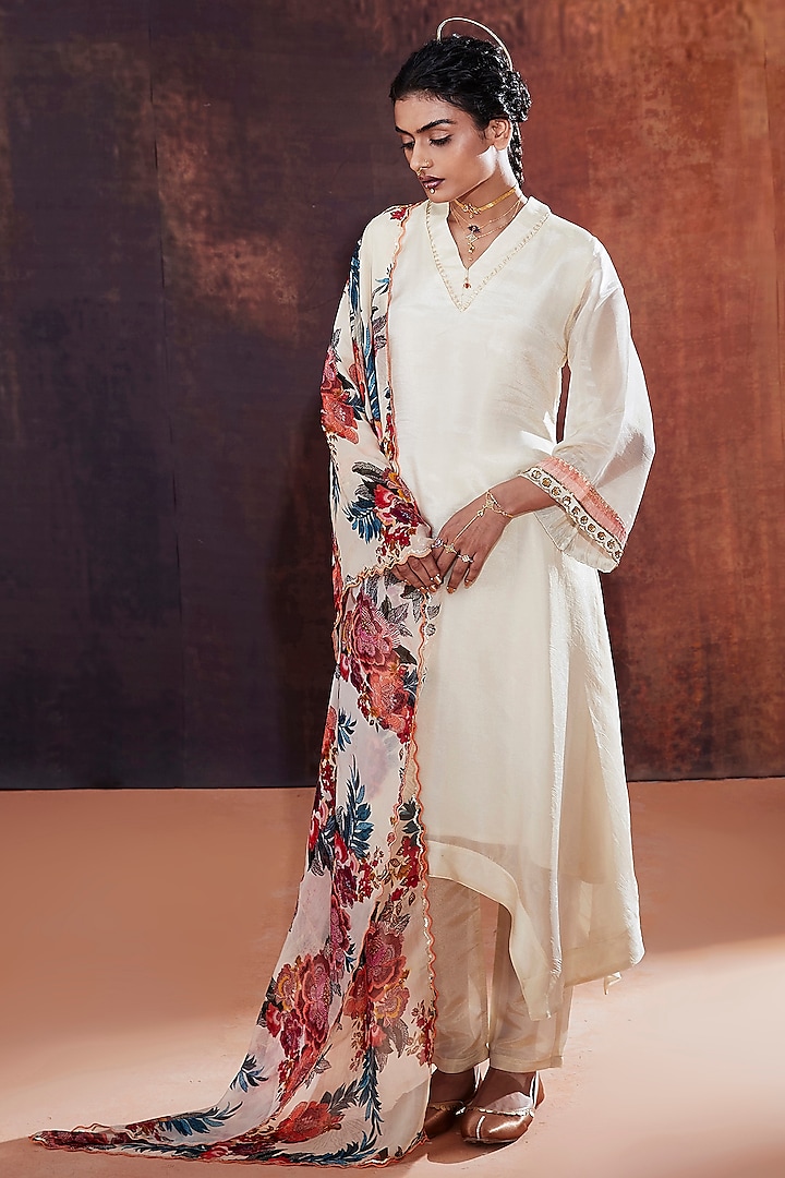 Ivory Tissue Silk Hand Embroidered Kurta Set by Affroz at Pernia's Pop Up Shop