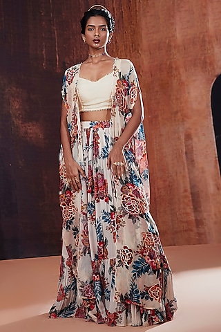 Ivory Organza Floral Printed Jacket Lehenga Set by Affroz