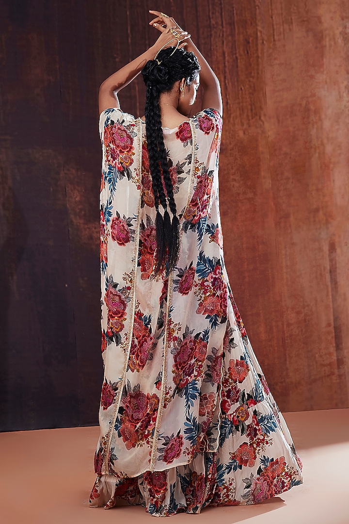 Ivory Organza Floral Printed Jacket Lehenga Set by Affroz at Pernia's Pop Up Shop