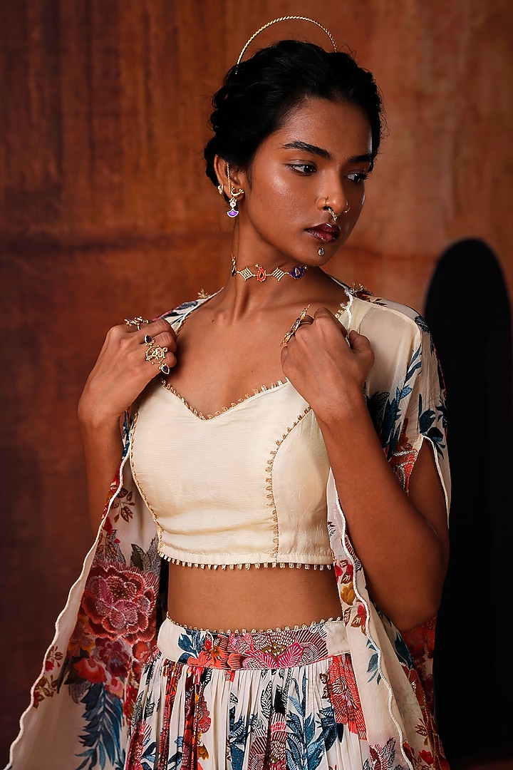 Ivory Organza Floral Printed Jacket Lehenga Set by Affroz at Pernia's Pop Up Shop
