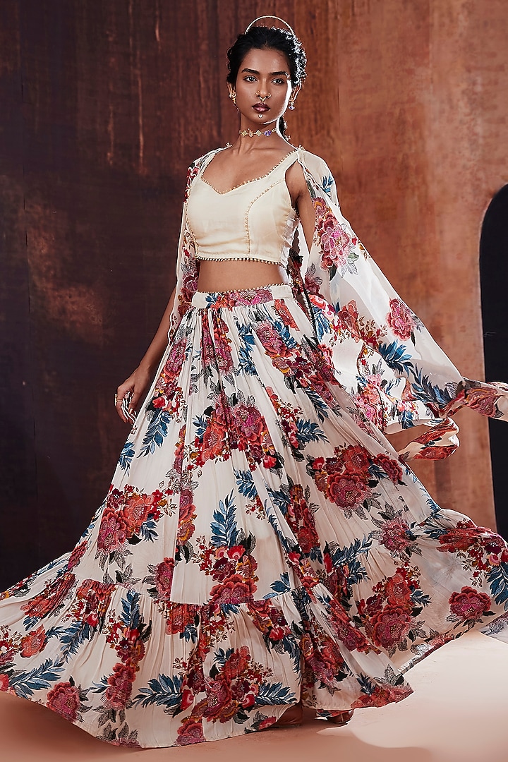 Ivory Organza Floral Printed Jacket Lehenga Set by Affroz at Pernia's Pop Up Shop