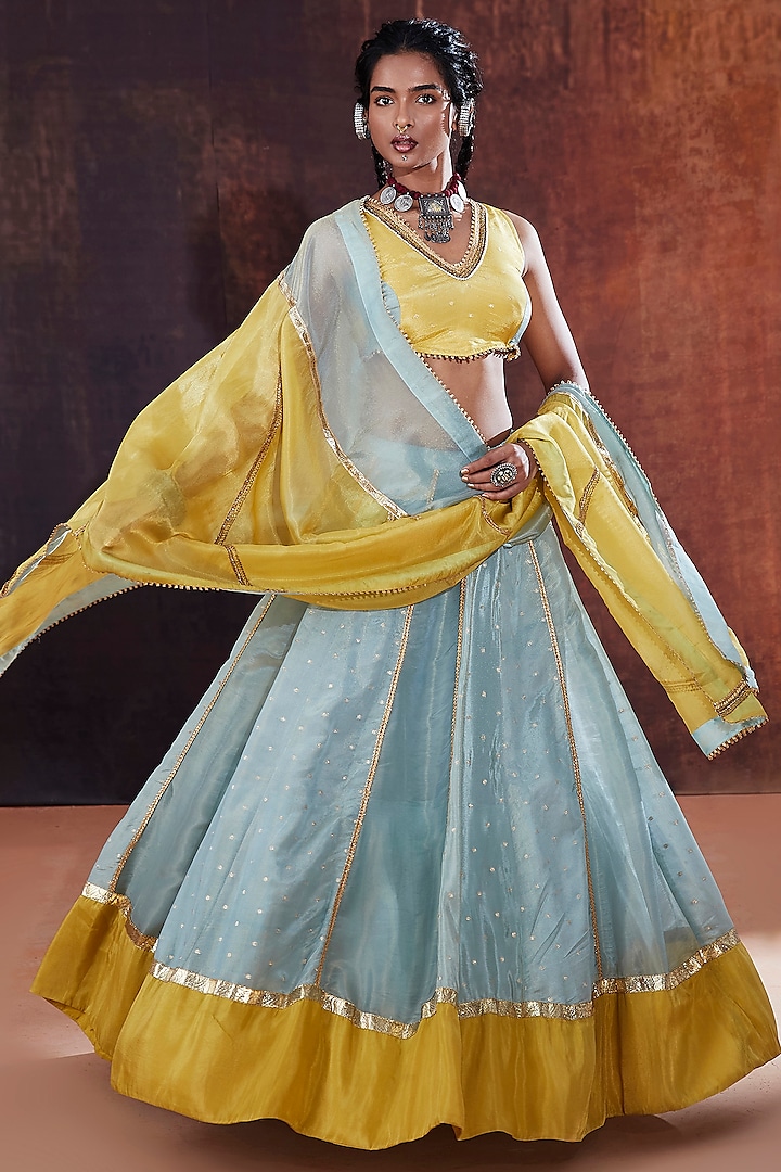 Powder Blue Tissue Silk Embroidered Lehenga Set by Affroz