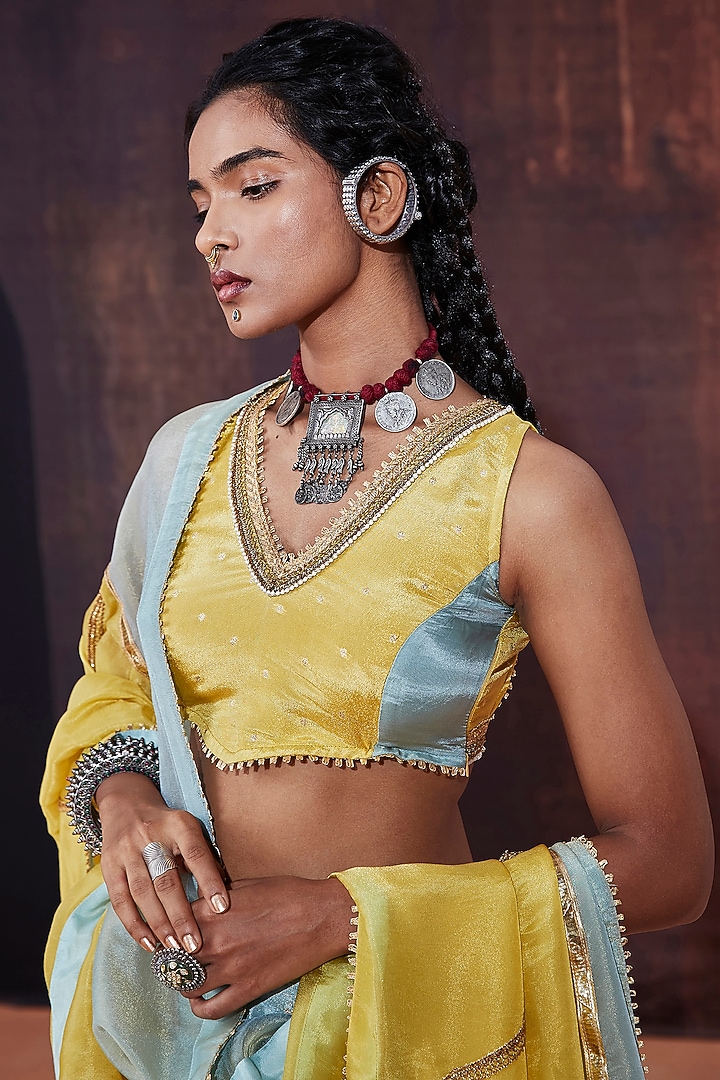 Powder Blue Tissue Silk Embroidered Wedding Lehenga Set by Affroz at Pernia's Pop Up Shop