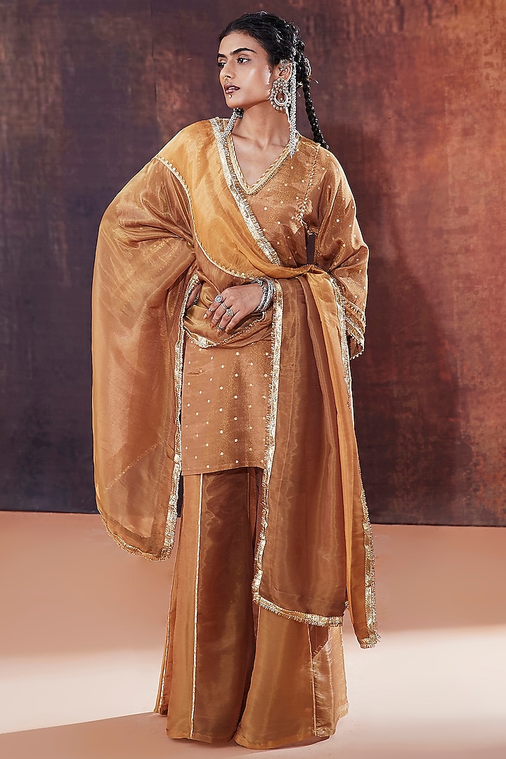 Brown Tissue Silk Sharara Set by Affroz