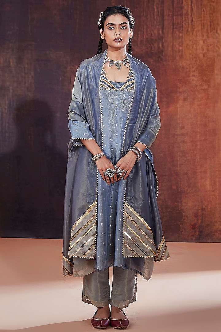 Blue Jacquard & Tissue Embroidered A-Line Kurta Set by Affroz at Pernia's Pop Up Shop