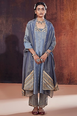 Blue Jacquard & Tissue Embroidered A-Line Kurta Set by Affroz