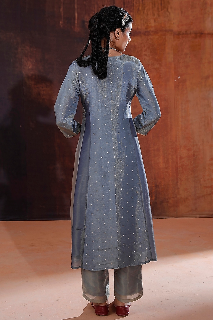 Blue Jacquard & Tissue Embroidered A-Line Kurta Set by Affroz at Pernia's Pop Up Shop