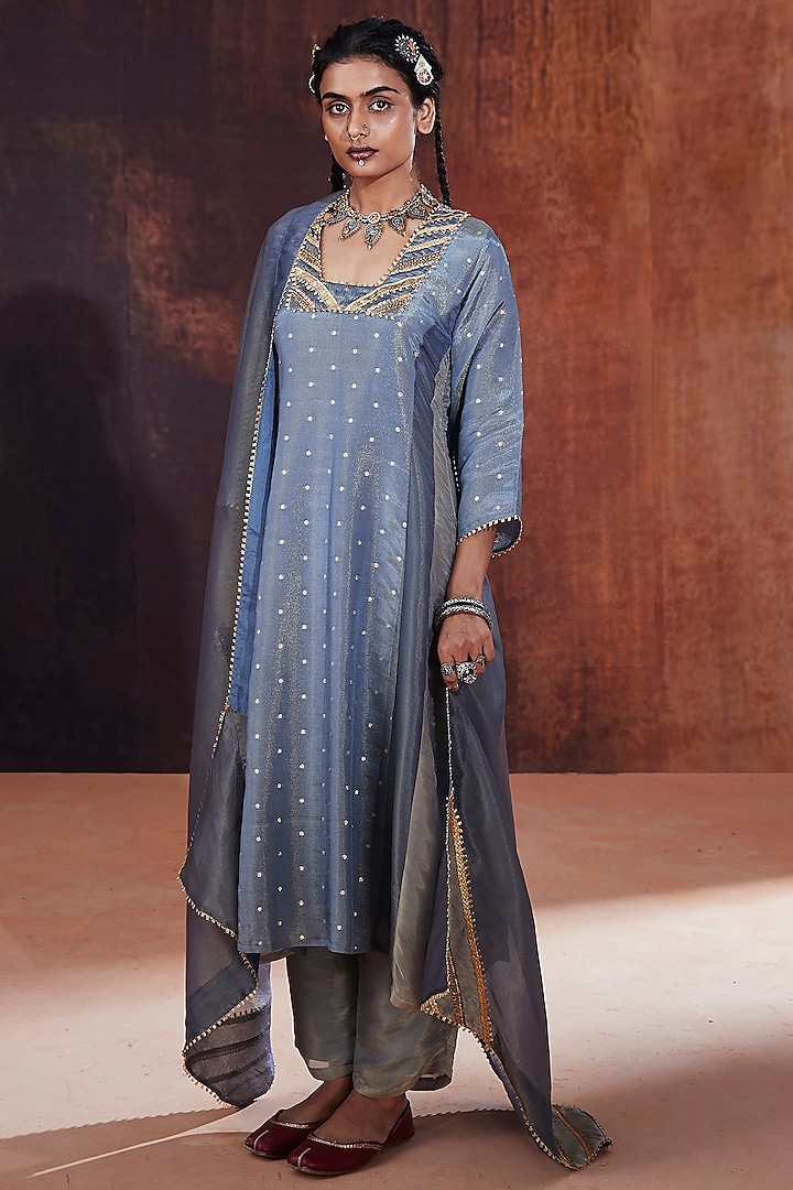 Blue Jacquard & Tissue Embroidered A-Line Kurta Set by Affroz at Pernia's Pop Up Shop