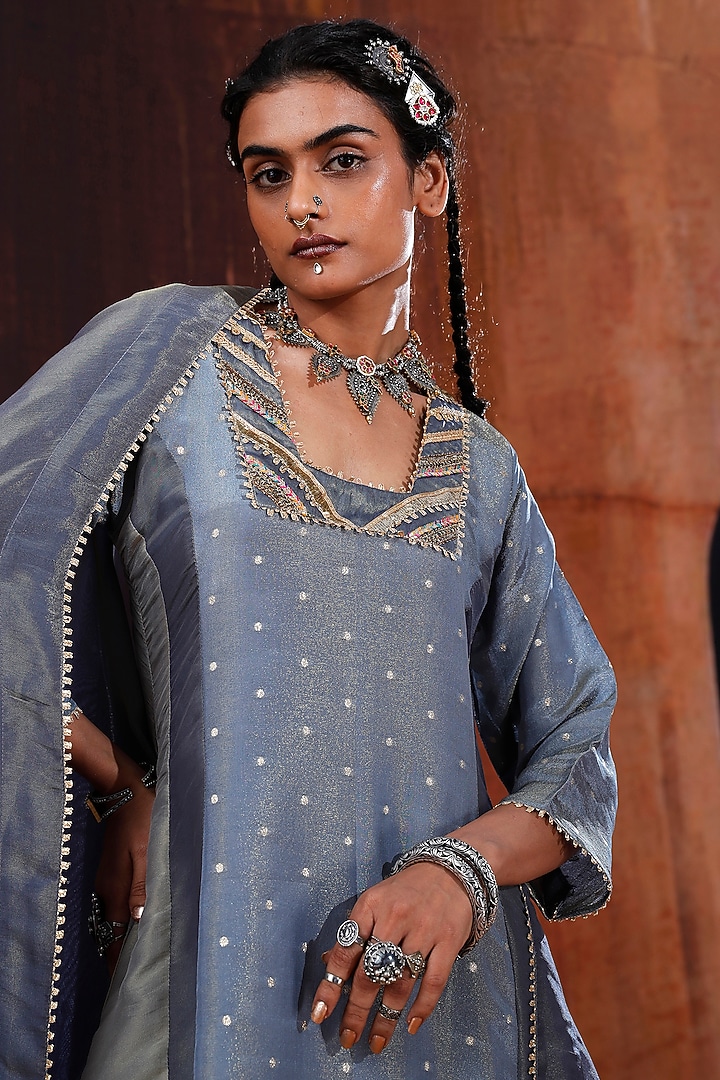 Blue Jacquard & Tissue Embroidered A-Line Kurta Set by Affroz at Pernia's Pop Up Shop