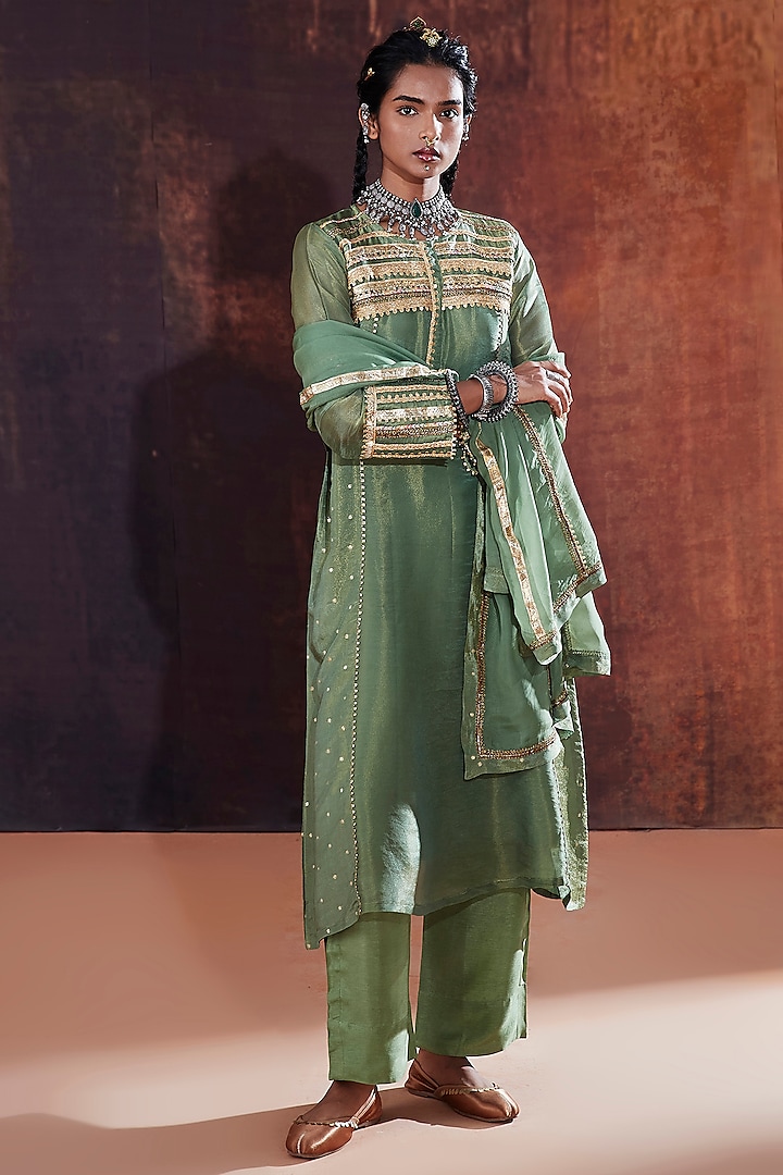 Green Jacquard & Tissue Embroidered A-Line Kurta Set by Affroz