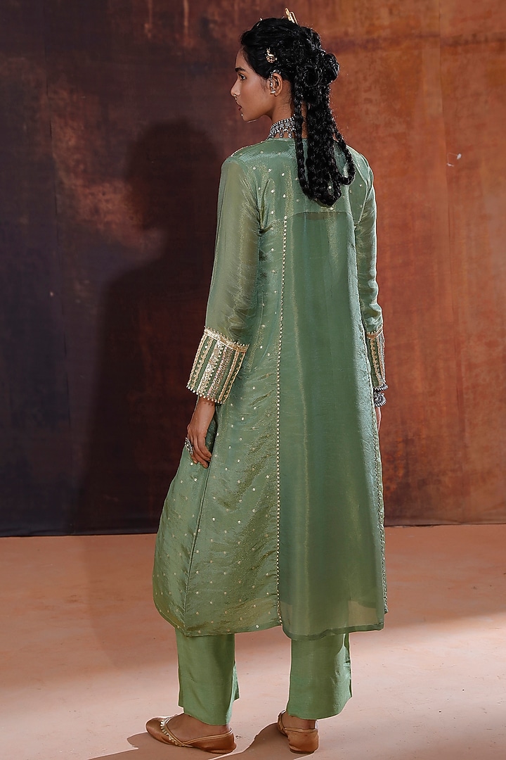 Green Jacquard & Tissue Embroidered A-Line Kurta Set by Affroz at Pernia's Pop Up Shop
